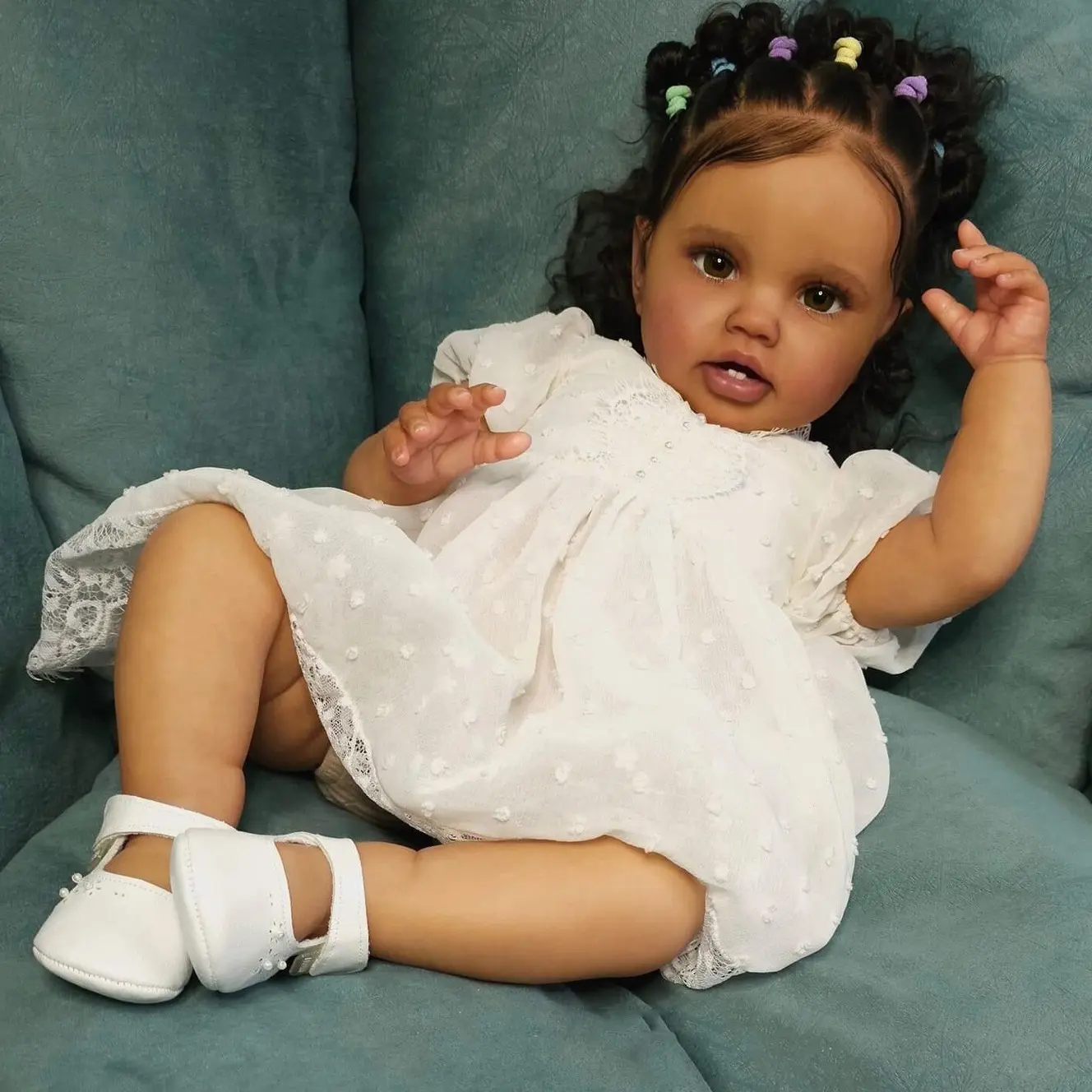 24-Inch African American Reborn Baby Girl Doll, Curly Hair, White Dress, Realistic Open Eyes, Soft Cloth Body, Christmas Gifts, Nurturing Play, First Baby Doll Experiences for Gifting Creative Play Imaginative Play