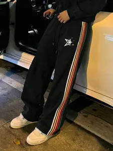 Rainbow Stripe Star Print Track Pants | Black Wide-Leg Fit | Elastic Waist with Drawstring | Premium Comfort | Streetwear Essential for Trendsetting Men & Women