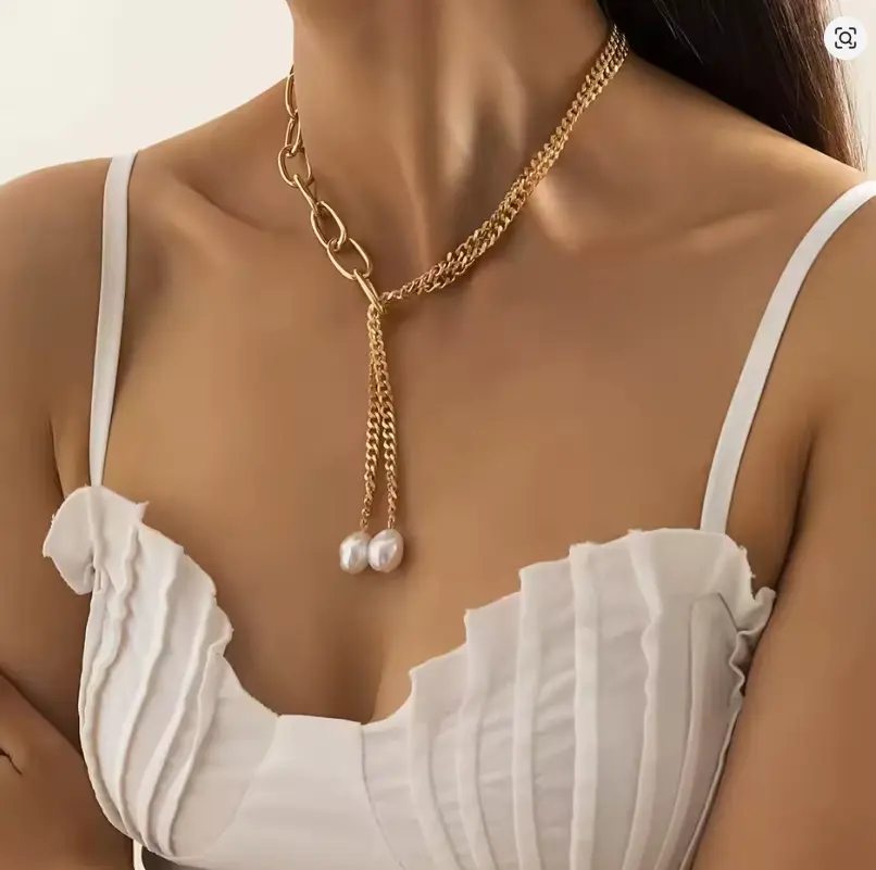 New Fashion Pearl Cuban Link Chain Necklace Women Men Gold Color Hip Hop Clavicle Vintage Stainless Steel Jewelry Gift for Stylish Accessories Adults