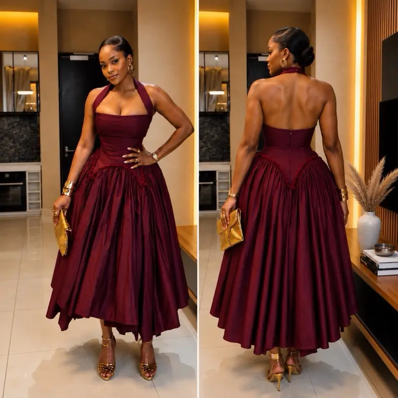 Women's Formal Burgundy Halter Midi Dress - Cotton-Look Fabric, Sleeveless, Structured Fitted Bodice, Fitted Waist, Hidden Zipper, Elegant Open-Back, Formal Wear for Wedding Guests, Cocktail Parties