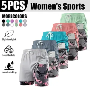 Women’s summer 5-piece shorts set, double-layer 2-in-1 design, camouflage pattern, breathable quick-dry fabric, drawstring elastic waistband, side mesh pockets, non-stretch material, sporty casual style