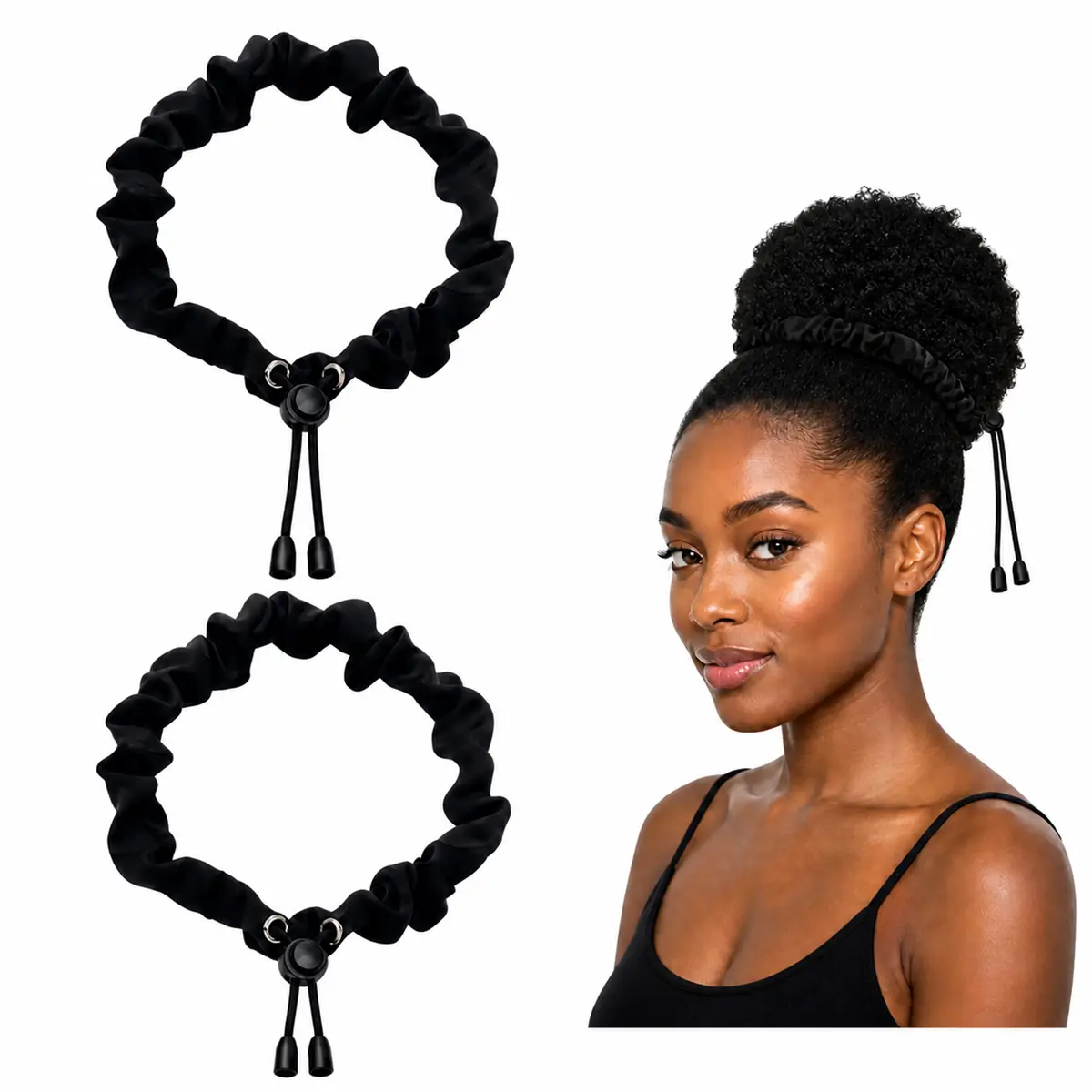 2 Pcs Adjust Satin Hair Scrunchies for Women Girls, Adjustable Hair Ties Soft Than Silk for 4c Girlie Thick Curly Natural Hair, Easy to Use Hair Accessories for Afro Puff Loc Ponytails (black)