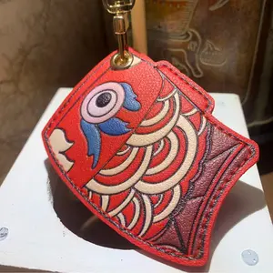 Leather AirTag Keychain Holder – Cute Anti-Scratch Protective Cover (Red Fish)