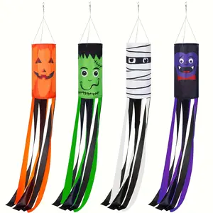 [Halloween] 4pcs IDOLPACK Halloween Windsocks Outdoor Decorations - Spooky Pumpkin, Vampire, Mummy, Monster Flags with Hanging Chains - Weather-Resistant Hanging Socks for Yard, Garden, Patio, Halloween Party - No Electricity Needed, Easy H