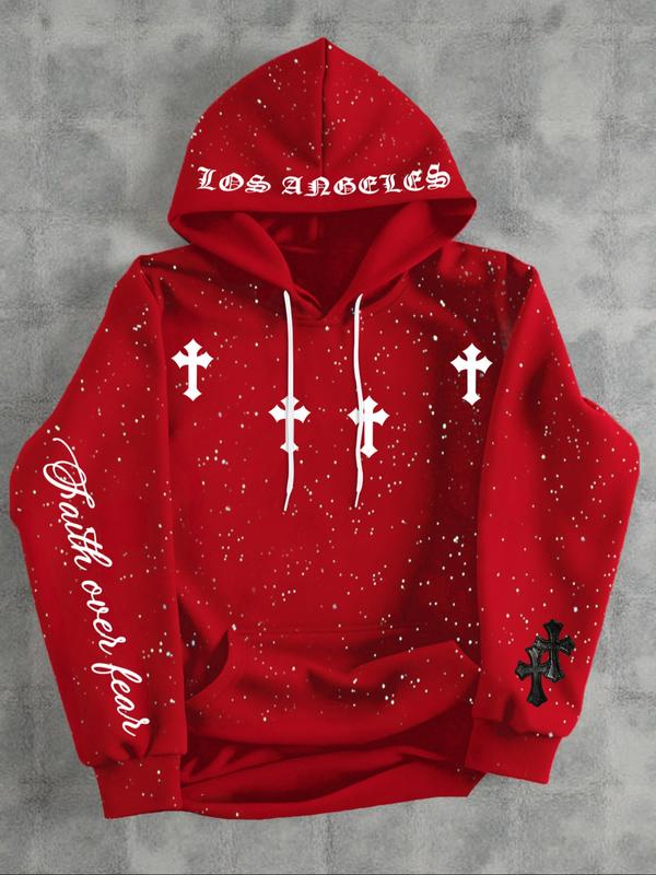 Men's Hooded Sweatshirt, Dark Gothic Cross Element Hooded Sweatshirt, Starry Sky Dyeing Process Pullover, Kangaroo Pocket,  Casual Regular Loose Drawstring Hooded Sweatshirt, Suitable For Daily Vacation Outdoor Wear, Fall Outfits & Winter Outfits