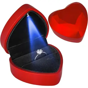 Heart Ring Box with LED Light, Luxury LED Lighted Engagement Ring Box,  Earrings  Case with Light,  Display Box for Wedding, Engagement, Proposal, Birthday and Anniversary-Red