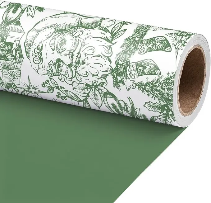 【Buy 2 Get 3 Free】RUSPEPA Vintage Santa Christmas Wrapping Paper Roll, Reversible Green Toile Holiday Gift Wrap with Classic Christmas Design, Elegant Xmas Paper for Gifts & Parties,17 Inches x 16.4 Feet