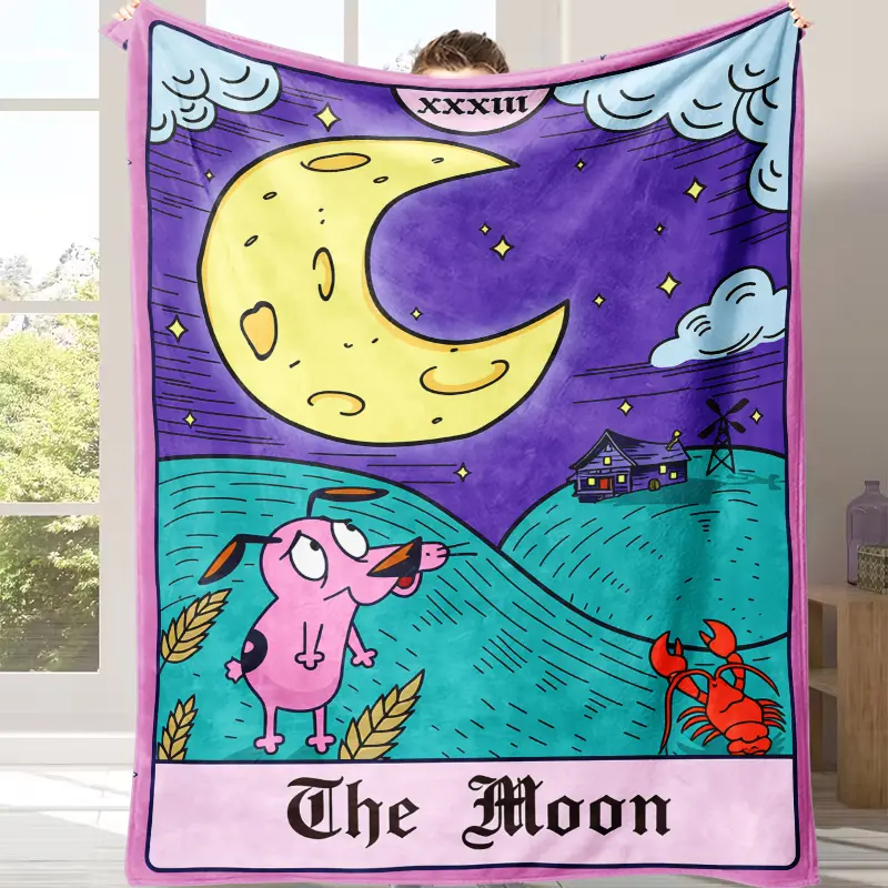 Courage the Cowardly Dog Moon Tarot Card Flannel Blanket - Cartoon Scene, Celestial Motif, Character Art, Decorative Graphics, Whimsical Tarot-Style Design, Glowing Crescent Moon, Retro Charm, Spooky Theme, Other Patterns for Fans' Cozy Nights, Cartoon Fa