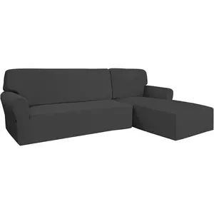 Stretch Sofa Slipcover 2 Pieces L-Sofa Cover Sectional Couch Cover for Living Room Chaise Cover with Elastic Bottom for Dogs Kids (Small,Dark Gray)