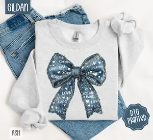Denim Bow Sweatshirt, Trendy Women's Crewneck