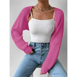 Chic Women's Open Front Cropped Cardigan Long Sleeve Solid Color Ribbed Knit Shrug Sweater Bolero Tops Black/Pink/White Knitwear Elegant Minimalist Basic for Autumn Winter Spring Soft Knitting Casual Style pink cardigan found Womenswear Love