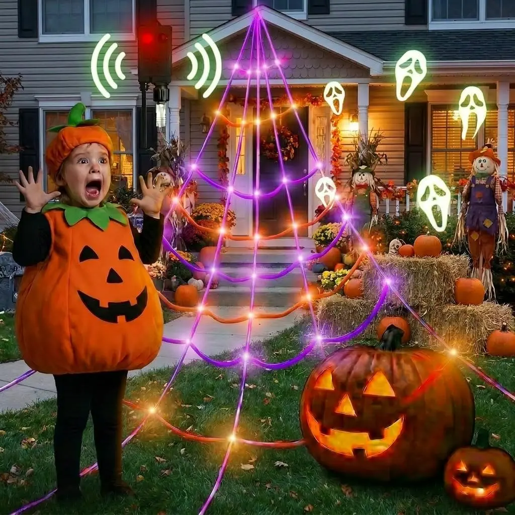 [Motion Activated Lighting&Speaking] 20 * 17FT Halloween Spider Web 150 Led Purple&Orange Lights Light Up Lighted Triangular Giant Waterproof with 200sqft Cobweb for Outdoor Decor Yard Decoration