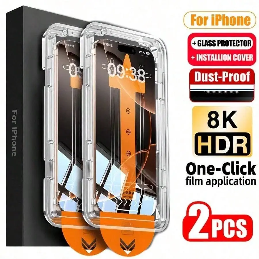 2PCS HD Full Coverage Tempered Glass Screen Protector with Dust-Free Alignment Tray, Anti-Fingerprint Anti-Scratch Explosion-Proof Screen Film For iPhone 17 pro max 12/13/14/15/16 Series