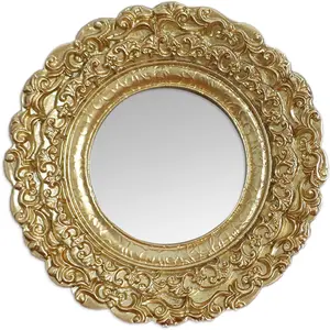 Golden Mini Vintage Mirror with Exquisite Relief Elegant Wall Decor for Bedroom Dresser Table Compact Resin Retro Design (Gold Round, 5X5)