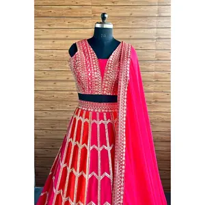 Orange Pink Faux Georgette Lehenga