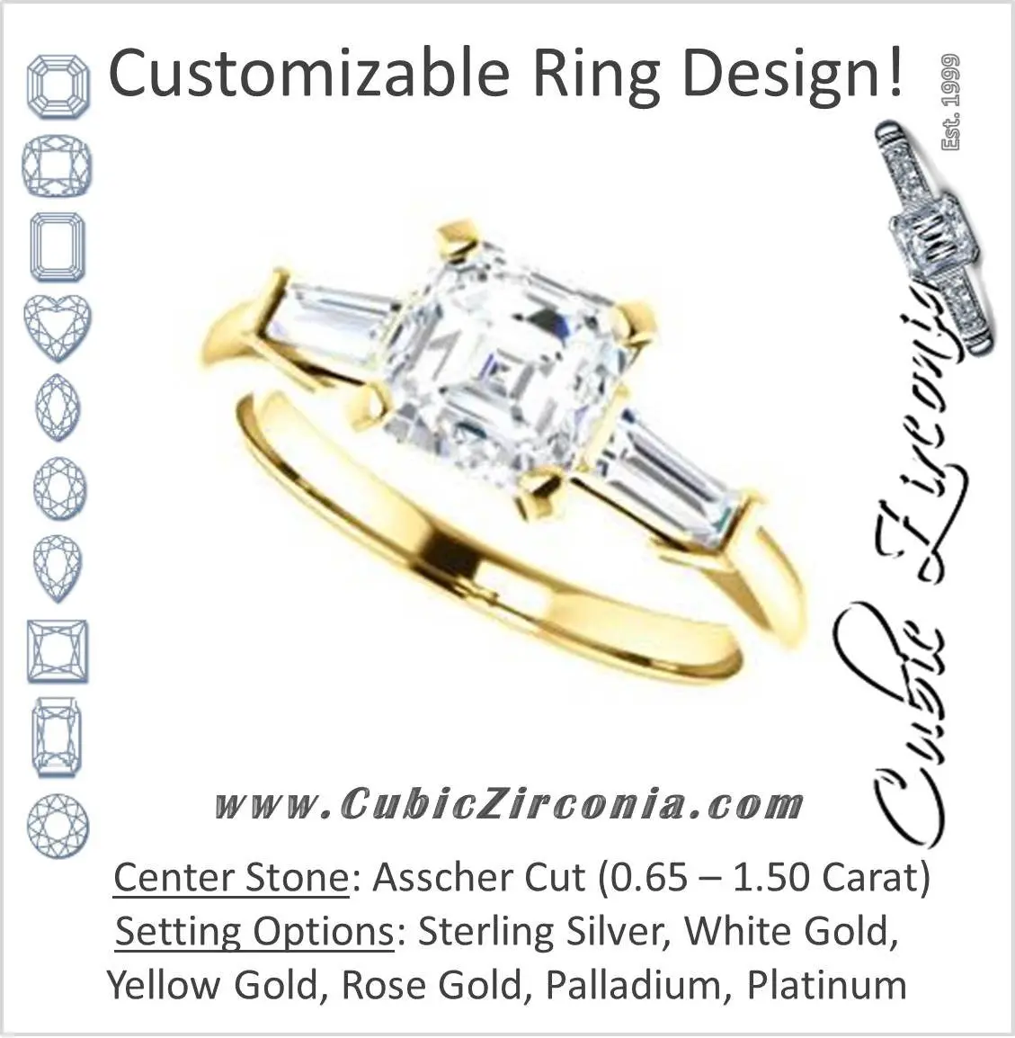 Cubic Zirconia Engagement Ring- The Monica (Customizable Asscher Cut Center with Dual Tapered Baguettes)