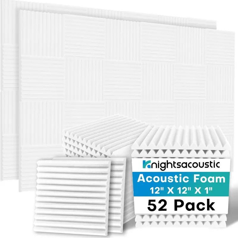 52-Pack High-Density Acoustic Foam Panels - 1x12x12in Sound Absorbing Wedges, Boxed Pack, Fast Shape Restore, Flexible for Walls/Doors/Ceiling, Acoustic Treatment for Studio Spaces (Adhesive Not Included)