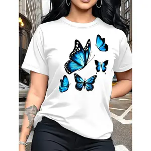 Stylish Butterfly Print T-Shirt - Short Sleeves, Round Neck, Comfortable, Breathable, and Soft, the Perfect Choice for Spring and Summer