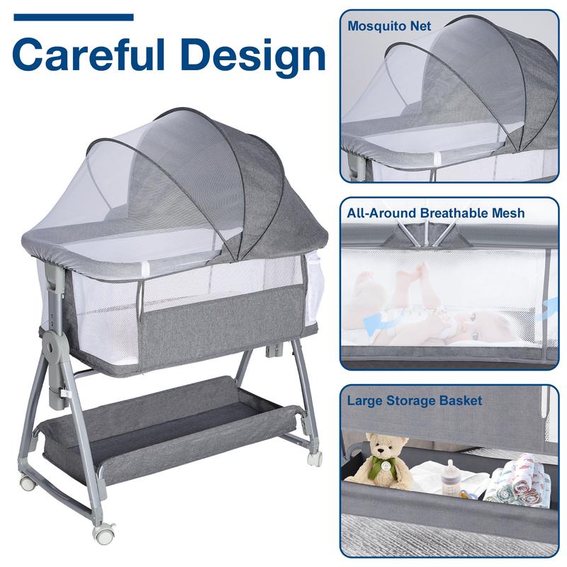 3 in 1 Kids Bassinet Bedside Sleeper, Bedside Bassinet for Kids, Rocking Bassinet with Wheels, Height Adjustable Bedside Crib for Newborn with Mattress, Storage Basket, Mosquito Net
