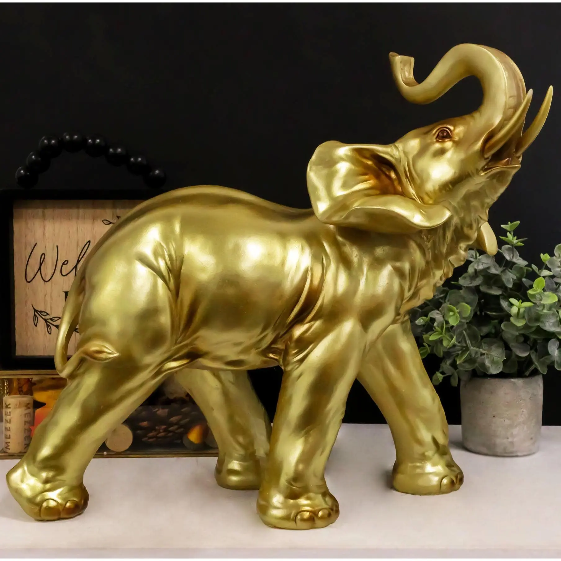 Large Auspicious Thai Buddha & Trunk-Up Golden Elephant Decorative Resin Ornament, Floor-Standing Home Decor Statue, Ideal Gift for Home Supplies Ornaments