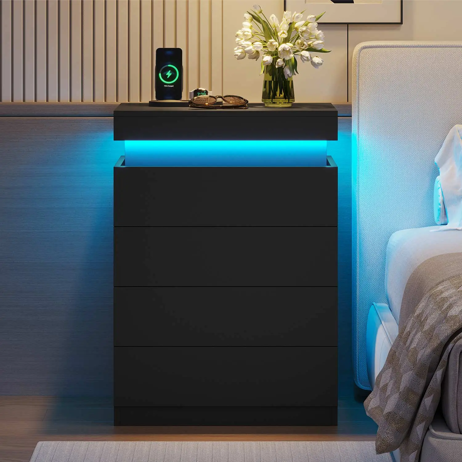 SIKAIC 31.1 in Tall Nightstand with Glide Top, 4 Drawers, USB Charger, High-Speed USB Ports & Power Outlets - Black Large Bedroom Storage Furniture with Assembly Required