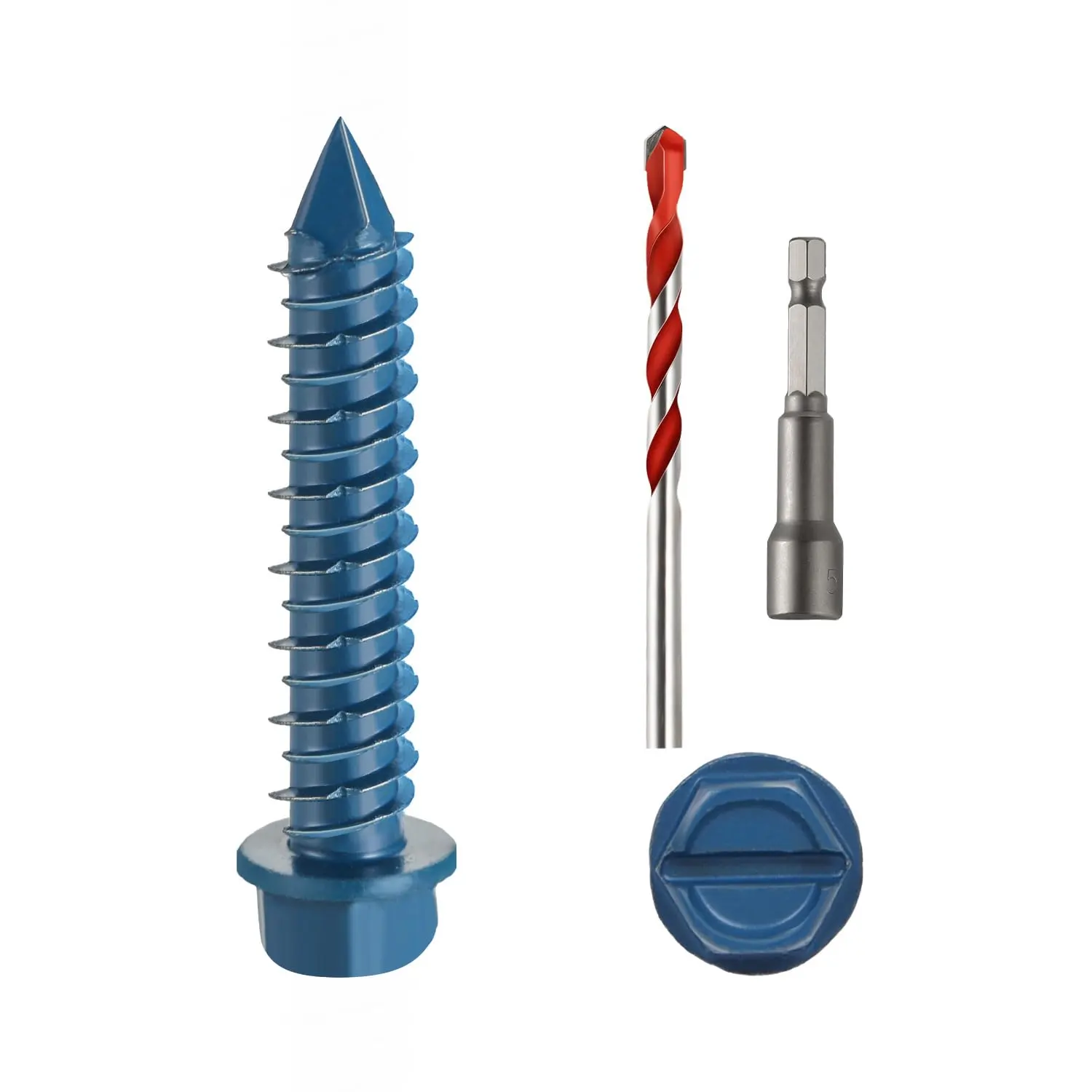 3/16" x 1-1/4" Concrete Screws, 100 PCS Blue Hex Washer Head Concrete Screws Anchor Kit with Drill Bit and Hex Bit Socket, for Masonry, Cement, Block, Brick or Stucco