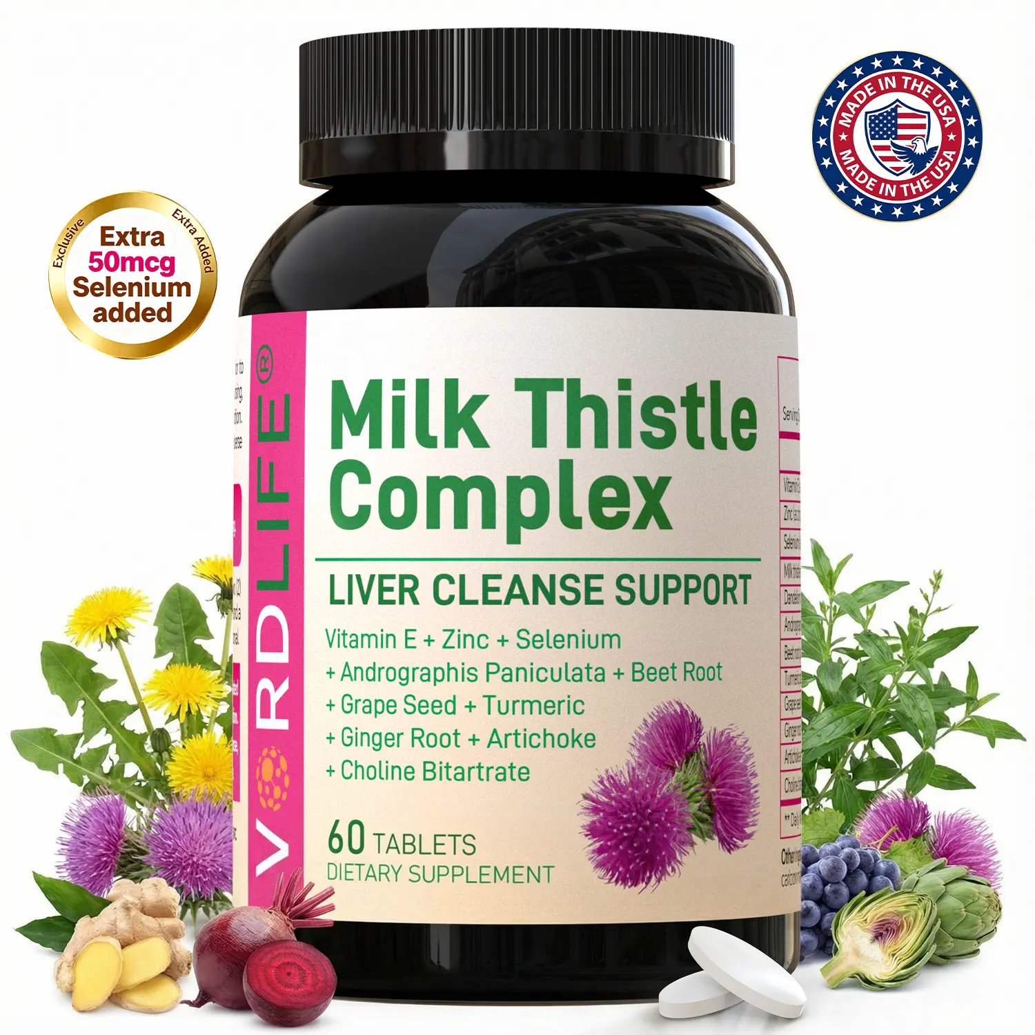 VORDLIFE Natural Milk Thistle Complex 300mg Vitamin Supplement - Liver Cleanse & Detox Support with Dandelion, Artichoke, Turmeric, Ginger, Zinc, Selenium - Vegan, Gluten-Free, 60 Tablets, Herbal Nutrition Blend, Dietary