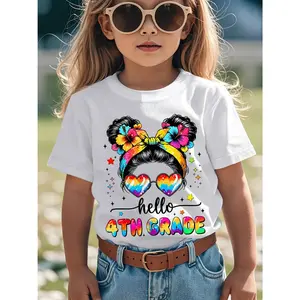 "Hello, Fourth Grade" Sparkly 4th Grade T-Shirt with Sequin Stars & Hibiscus Flowers - Birthday Outfit, Celebration, Round Neck Casual Top - Machine Washable for 4th Year ( 9-10)(3-13Y)