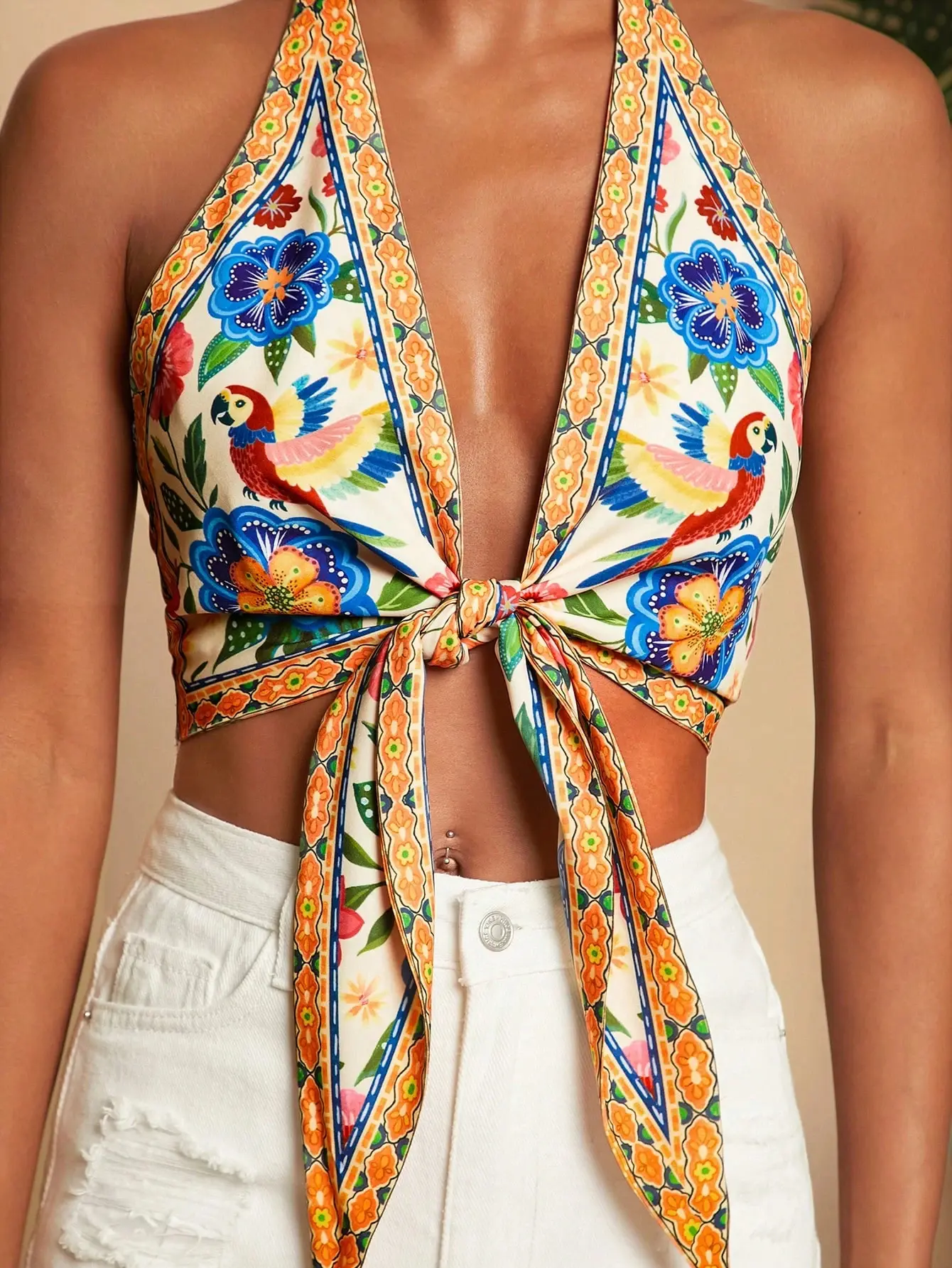 Women Floral Print Halter Neck Backless Casual Top,Beige,Summer,Tropical,Beach,Holiday,Vacation,Holiday,Bohemian Outfits,Music Festival,Ibiza Outfits