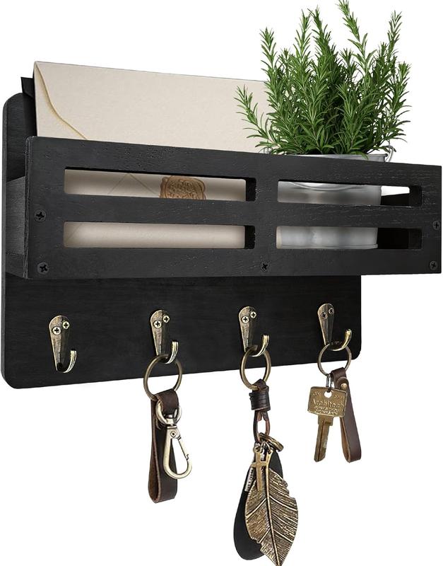 Key Holder Wall Mount, 10 inch Decorative Key and Mail Holder for Wall, with Mail Organizer & 4 Key Hooks, Rustic Wooden Key Rack for Hanging Dog Leash Sunglasses, Entryway Key Hanger, Black