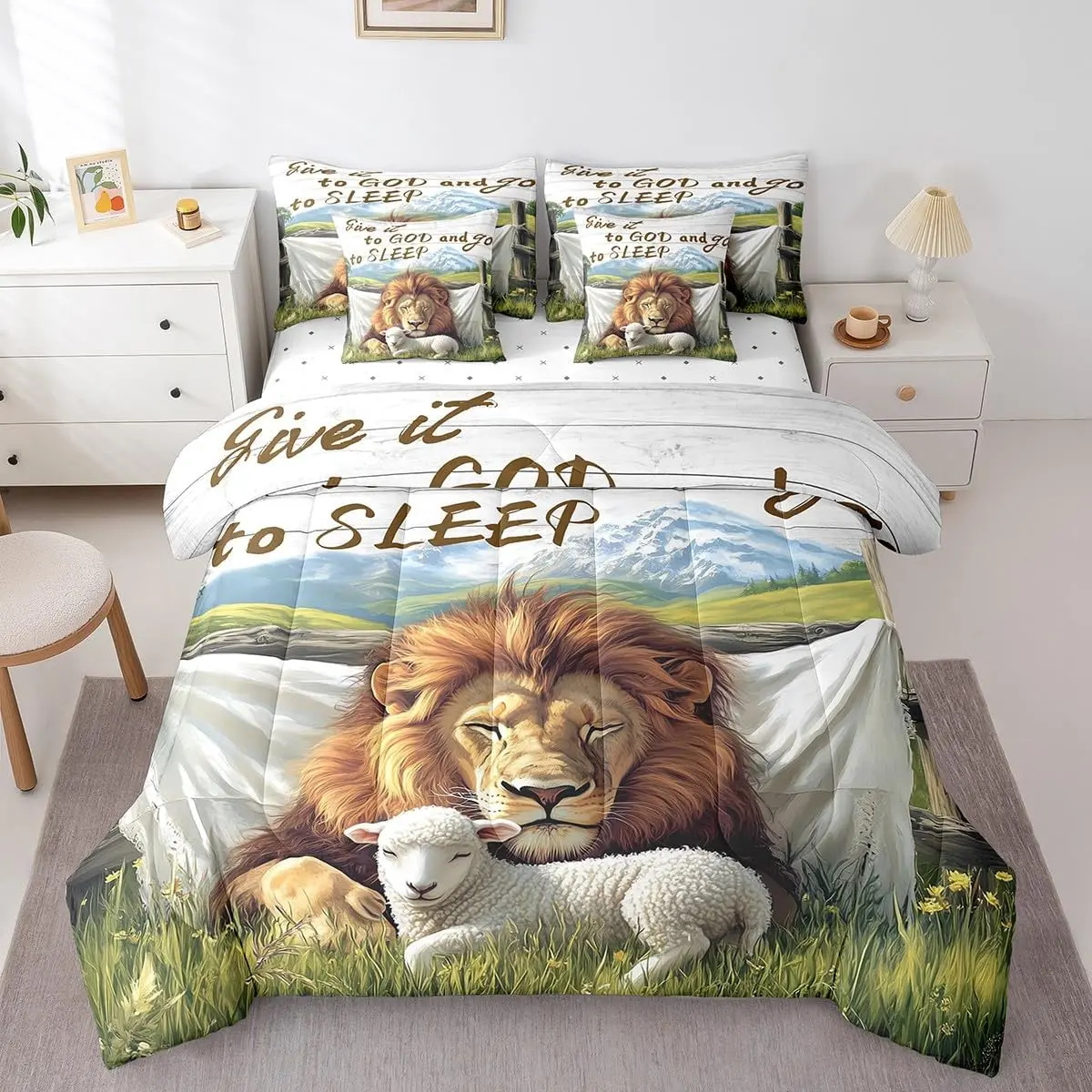 7 Pieces Lion and Sheep Comforter Set,Bible Verses Christian Bedding Adult,Wild Animals Nature Scenery Painting Art Comforter+Fitted+Flat Sheet+2 Pillowcases+2 Throw Pillow Covers