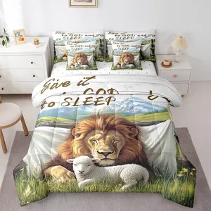 7 Pieces Lion and Sheep Comforter Set,Bible Verses Christian Bedding Adult,Wild Animals Nature Scenery Painting Art Comforter+Fitted+Flat Sheet+2 Pillowcases+2 Throw Pillow Covers