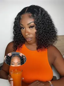 Kinky Curly Bob Wig Human Hair 4x4 Wear And Go Glueless Wigs Human Hair Pre Plucked Pre Cut Deep Wave Lace Front Closure Wigs For Black Women 180 Density Curly Wig Glueless Wear And Go Lace Frontal Wig