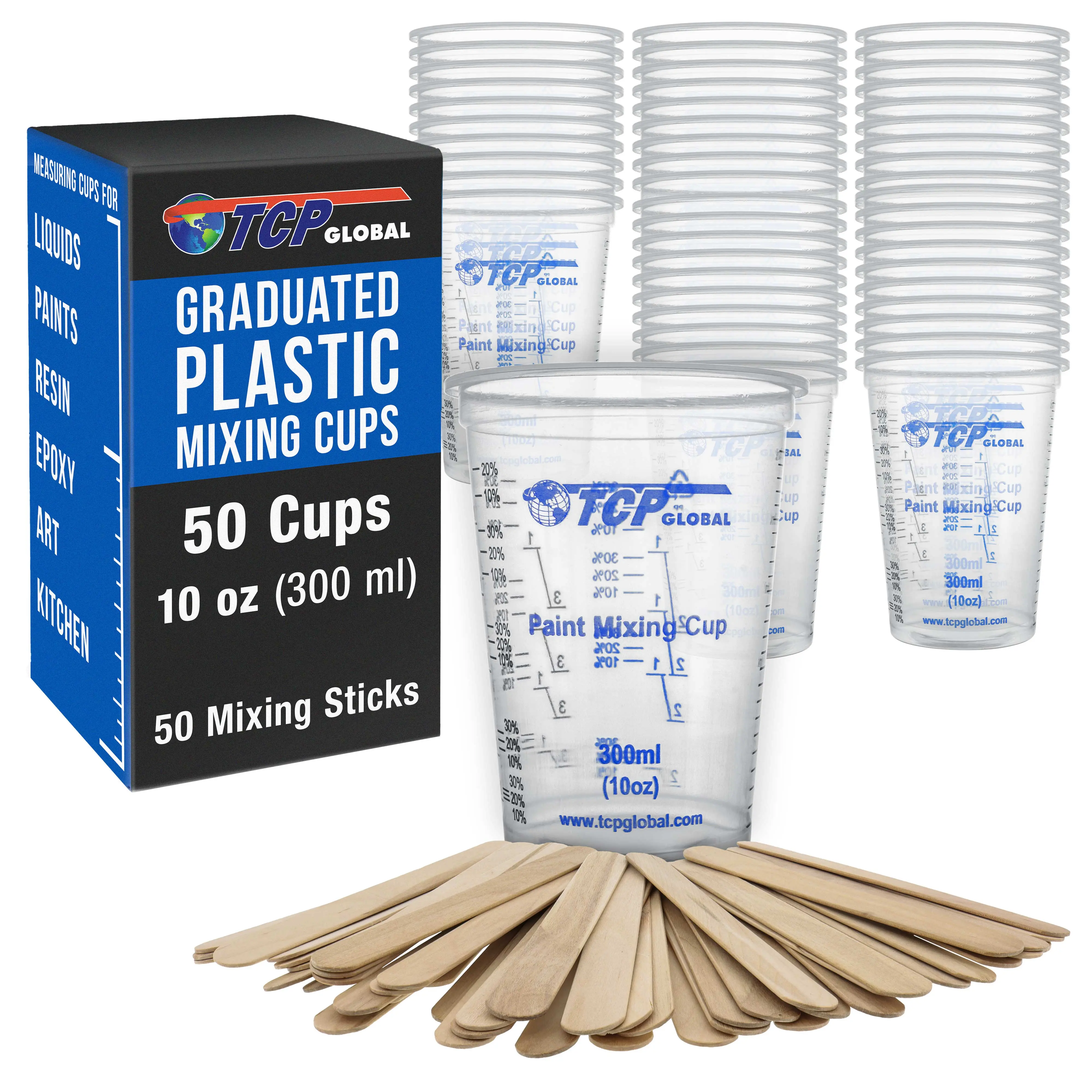 10 oz. (300ml) Graduated Plastic Mixing Cups - Box of 50 with 50 Mixing Sticks - Disposable Plastic Measuring Cups for Liquids, Paints, Resin, Epoxy
