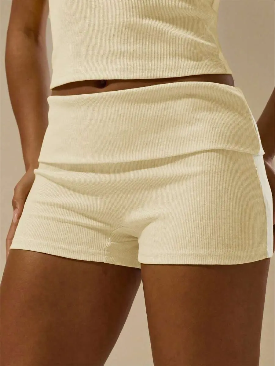 MUSERA Rib Fold Over Waist Mini Shorts Basic Spring Summer Vacation Holiday Pants Y2k Casual Everyday