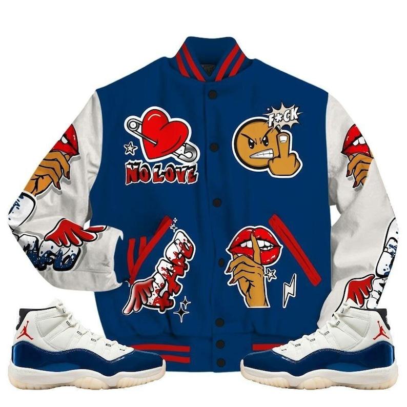 Dunkare Retro Rare Air 11s Varsity Jacket, FK Around Find Out All-Over Print Graphic Jacket, Streetwear Unisex College Style Outerwear, Sneaker Match Jacket
