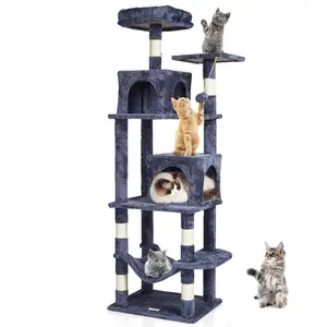 63-Inch Indoor Feline Activity Center - Minimalist Home Decor Large Furniture, 2 Condos, Sisal Scratching Post, Hammock, Top Perch, Jumping Platforms, Hang Ball, Anti-Tip Straps, P2 Particle Board for Climbing Fun, Dark Grey