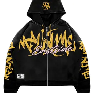 EA$T$IDE 4L Sweat Suit - 500 gsm Cotton Fleece Top & Bottoms with Custom Logo Zipper Embroidery Patch Work Yellow & Pink Graffiti Lettering