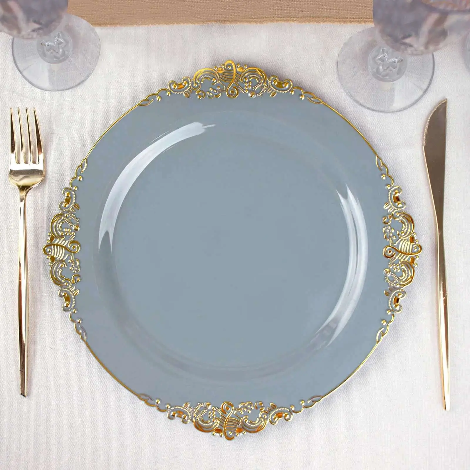 Disposable Tableware - 10-Pack 10in Elegant Plastic Round Dinner Plates, Dusty Blue with Gold Leaf Embossed Spill-Proof Rim, Vintage Baroque Style for Wedding, Party Individual Pack Plates, Elegant Plastic Plates