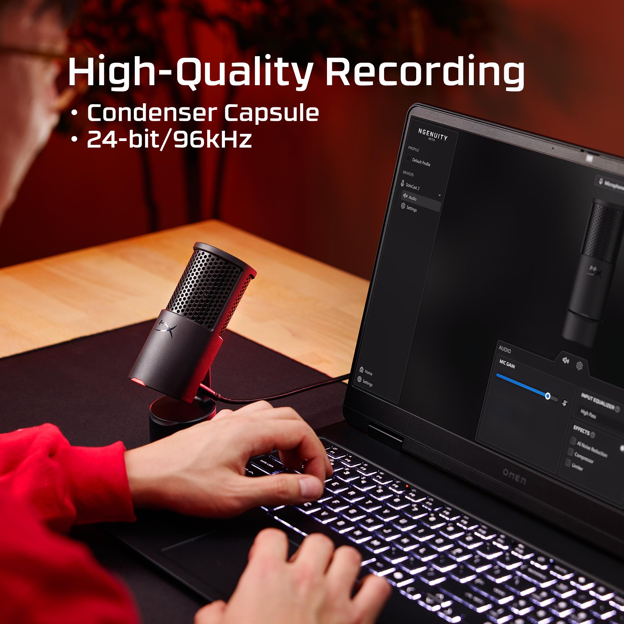 HyperX SoloCast 2 – Gaming USB Condenser Mic for PC, USB-C to USB-A, Built-in Pop Filter, Internal Shock Mount, Plug and Play, 24-bit / 96kHz, Compact Tiltable Stand, Audio Filter Adjustment with HyperX NGENUITY Software