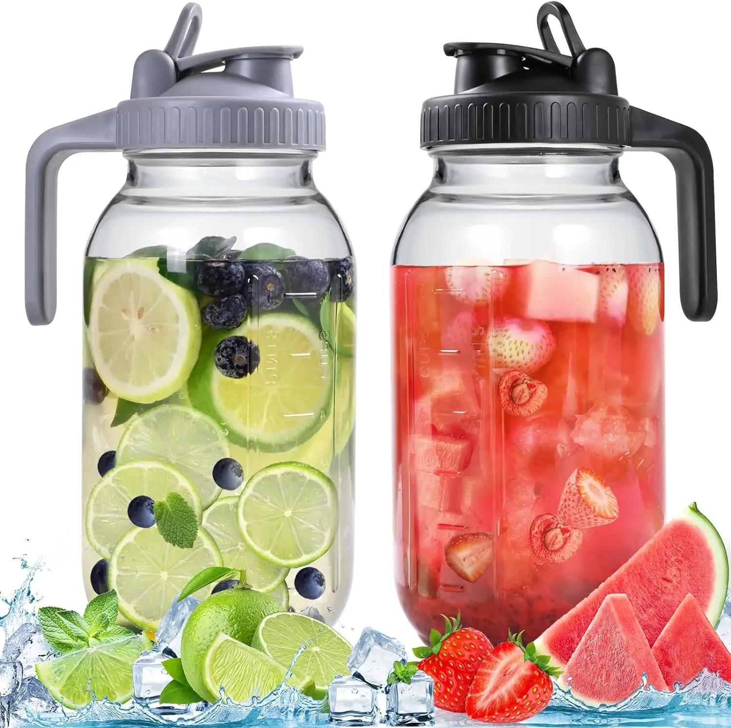 2 Packs Glass Pitchers with Lid, Half Gallon 2 Quart (64OZ) Mason Jars with Wide mouth, Leak-Proof Airtight Water Jugs for Cold Brew Coffee, Iced Tea,