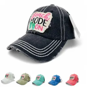 "Beach Mode On" Vintage Distressed Embroidered Baseball Cap For Women - 100% Cotton, Breathable, Casual, Adjustable, UV Protection