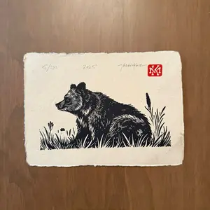 Handprinted Bear Linocut Print 5”x7" on 250gsm Handmade India Paper Artwork by Marko Katro Limited Edition of 100