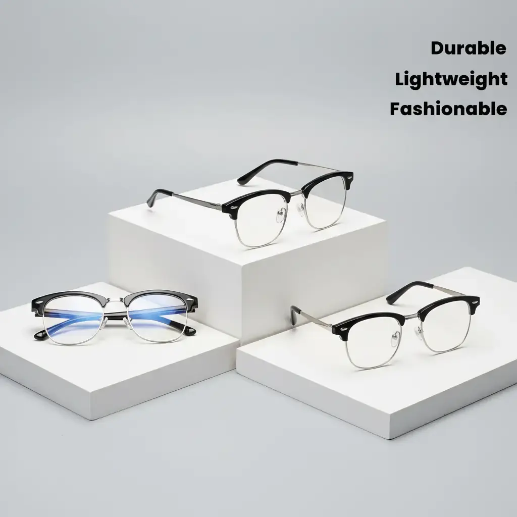 Men Fashion Blue Light Blocking Glasses, Lightweight Black Metal Half‑Rim Rectangle Eyeglasses, Anti‑Eye‑Strain Computer Gaming Glasses for Laptop Phone Tablet Office Daily Use