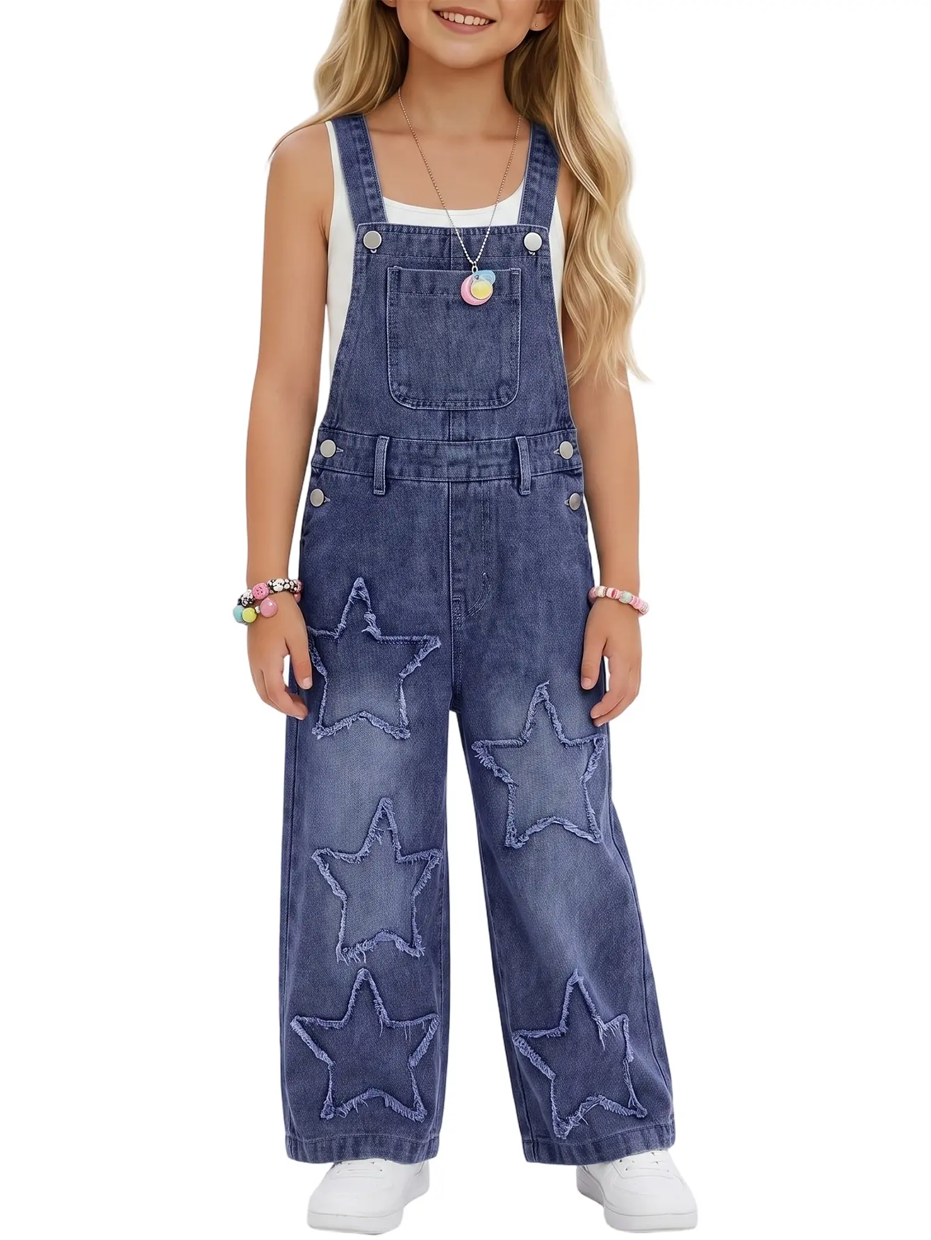 Girls' Denim Bib Overalls 3-14Y, Wide-Leg Jumpsuit with Frayed Star & Heart Patches, Washed Distressed Suspender Pants, Casual Spring Fall Wear for Kids Girls