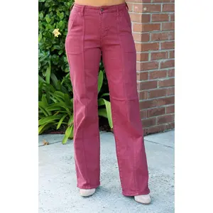 Phoebe High Rise Front Seam Straight Jeans - Burgundy