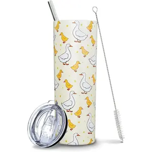 20 Oz Double Wall Insulated Thermal Duck Mug - Cute Skinny Portable Drinkware with Straw and Lid, Kawaii Kitchenware Vacuum Flask, Beverage Water Bottle, Birthday Gift for Women,summervibes