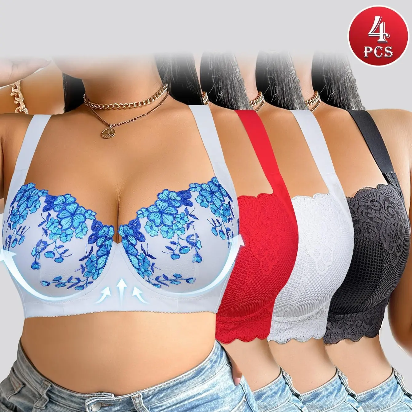 Ecomilky Women's Plus Size Bras, 4-Pack Full Coverage Jacquard Lingerie with Feminine Lace Trim, Underwire Lift Support and Comfortable Adjustable Straps