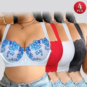 Plus Size  4-Pack Push-Up Jacquard Bras - Adjustable Straps and Underwire, Wide Straps for Everyday Comfort, Women's Underwear full coverage bra comfort Hide Back Fat Smoothing Bra Comfortable seamless pushup non wire Fit supportive Multicolor Lace