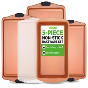 5-Piece Non-Stick Baking Pan Set - Stackable Carbon Steel Bakeware Includes Cookie Sheet Tray, Pan & Lid - Easy Clean & Dishwasher Safe - For Home Baking, Food Prep & Serving - Daily Kitchen Use